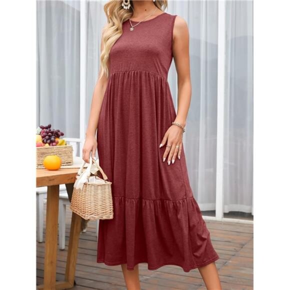 ANRABESS Women Summer Casual Sleeveless Crewneck Sundress Aline Flowy Tiered - Picture 4 of 7